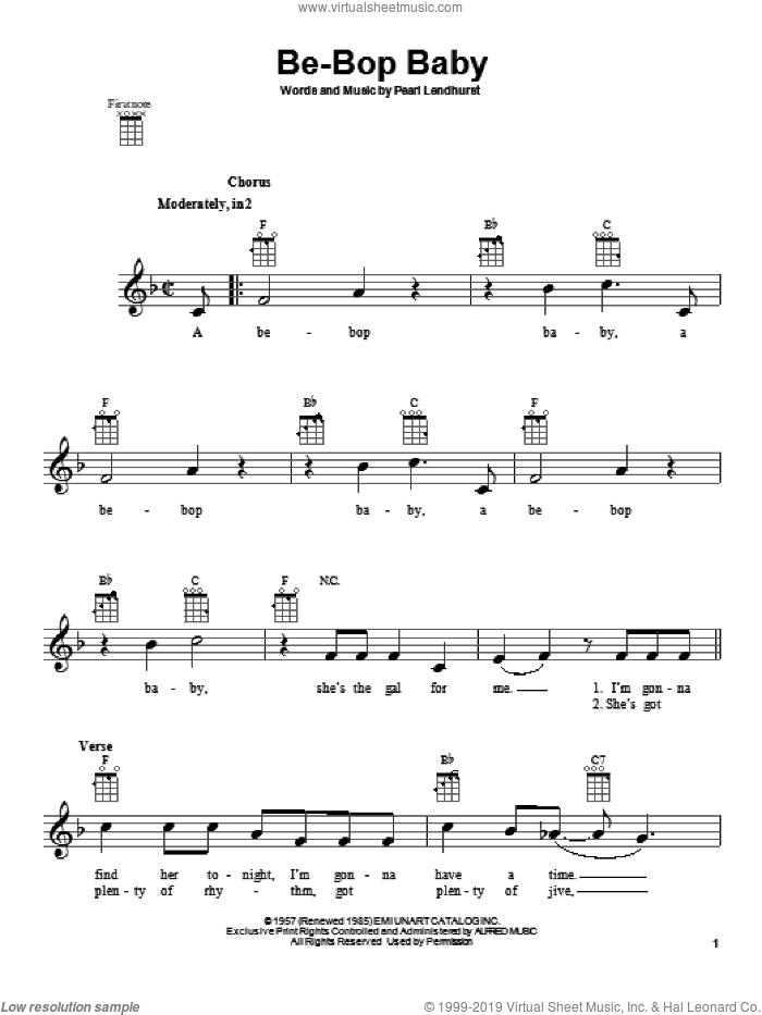 Be-Bop Baby sheet music for ukulele by Ricky Nelson and Pearl Lendhurst, intermediate skill level