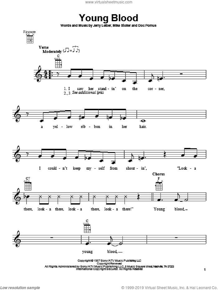 Young Blood sheet music for ukulele by The Coasters, intermediate skill level