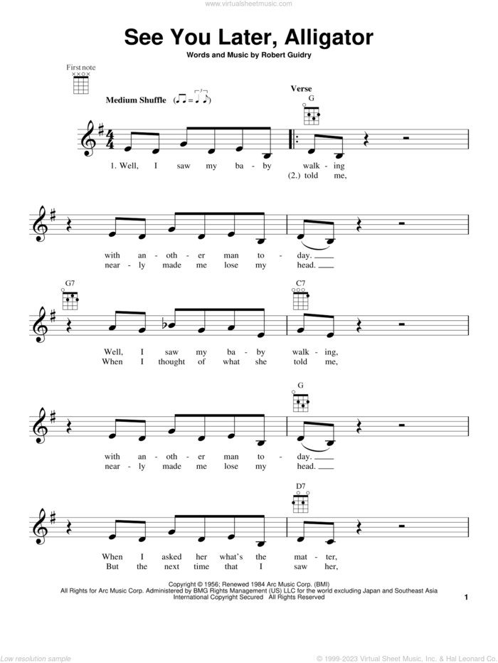 See You Later, Alligator sheet music for ukulele by Bill Haley & His Comets, intermediate skill level