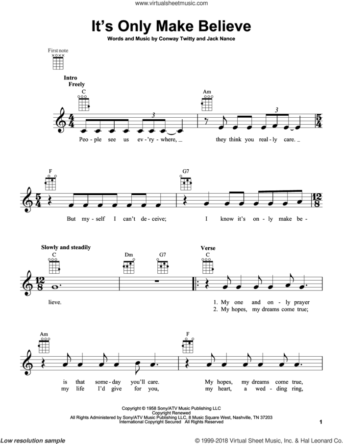 It's Only Make Believe sheet music for ukulele by Conway Twitty, Glen Campbell and Jack Nance, intermediate skill level