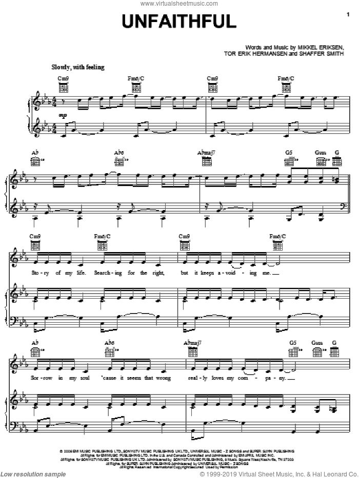 Unfaithful sheet music for voice, piano or guitar by Rihanna, Mikkel Eriksen, Shaffer Smith and Tor Erik Hermansen, intermediate skill level