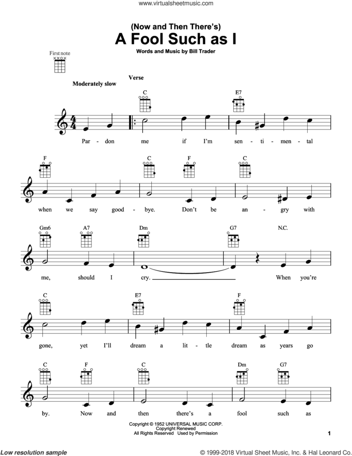 (Now And Then There's) A Fool Such As I sheet music for ukulele by Bob Dylan, Elvis Presley and Hank Snow, intermediate skill level