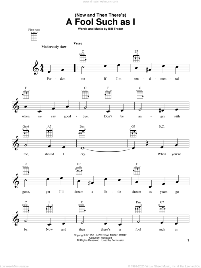 (Now And Then There's) A Fool Such As I sheet music for ukulele by Bob Dylan, Elvis Presley and Hank Snow, intermediate skill level