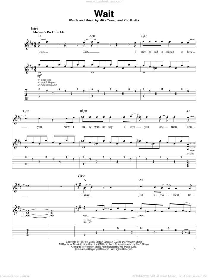 Wait sheet music for guitar (tablature, play-along) by White Lion, Mike Tramp and Vito Bratta, intermediate skill level