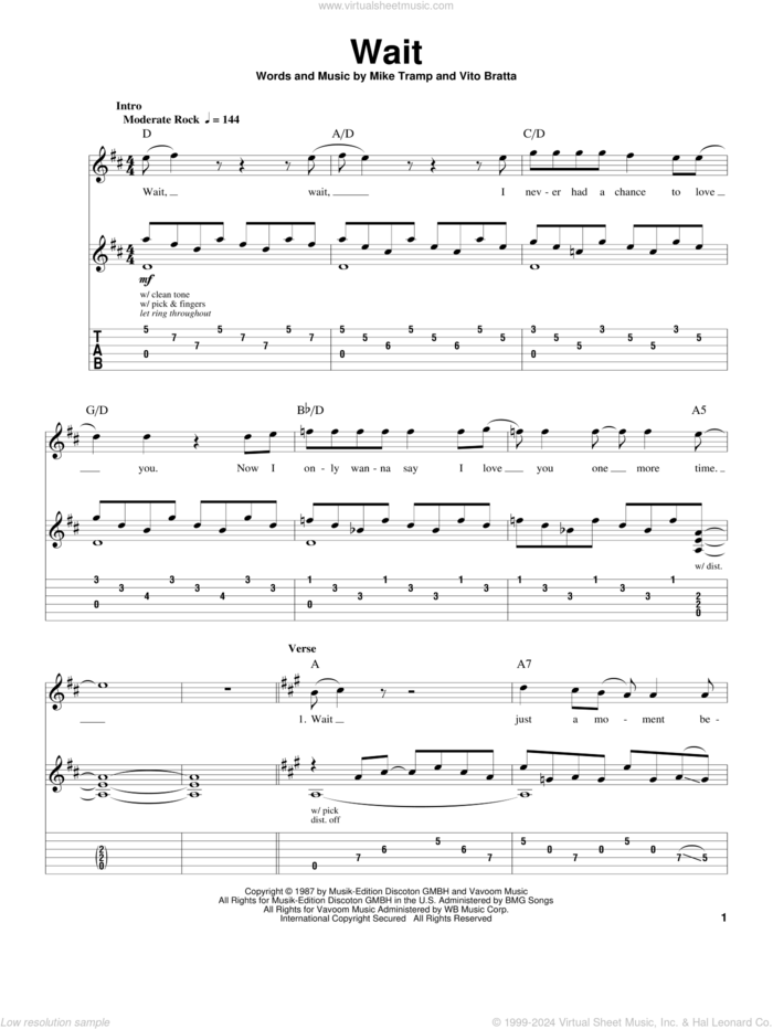 Wait sheet music for guitar (tablature, play-along) by White Lion, Mike Tramp and Vito Bratta, intermediate skill level