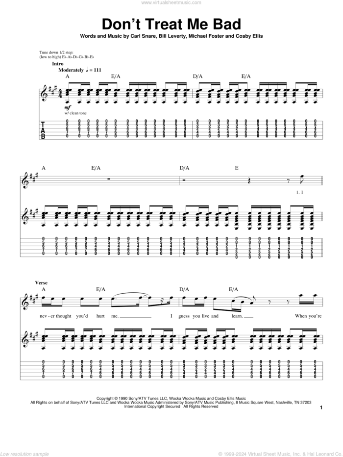 Don't Treat Me Bad sheet music for guitar (tablature, play-along) by Firehouse, Bill Leverty, Carl Snare, Cosby Ellis and Michael Foster, intermediate skill level