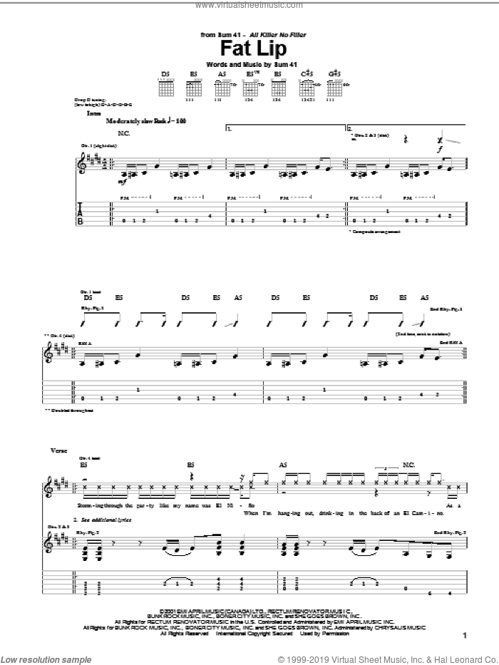 Fat Lip sheet music for guitar (tablature) by Sum 41, intermediate skill level
