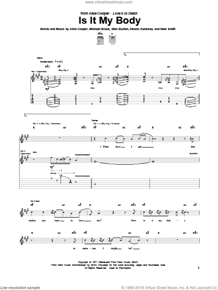 Is It My Body sheet music for guitar (tablature) by Alice Cooper, intermediate skill level