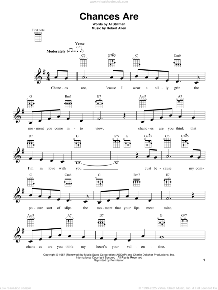 Chances Are sheet music for ukulele by Johnny Mathis, Al Stillman and Robert Allen, intermediate skill level