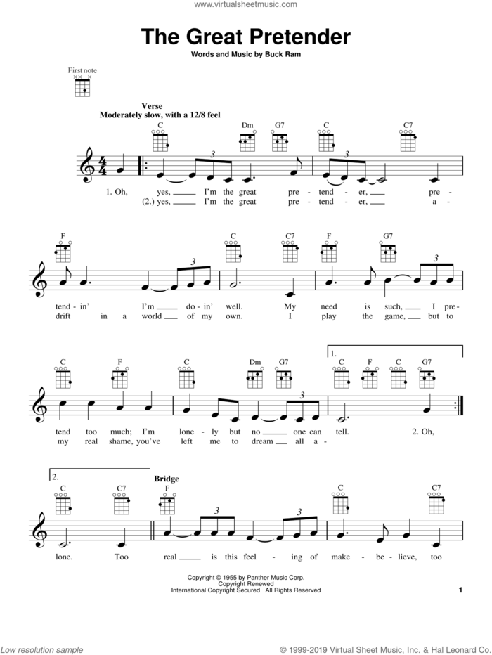 The Great Pretender sheet music for ukulele by The Platters, intermediate skill level