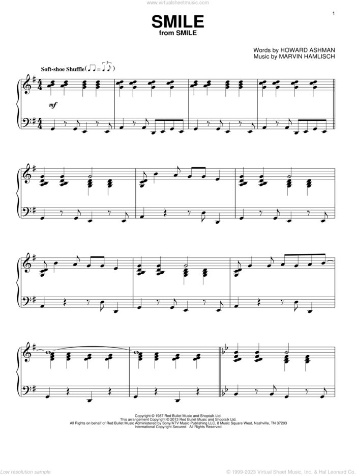 Smile sheet music for piano solo by Marvin Hamlisch, classical score, intermediate skill level
