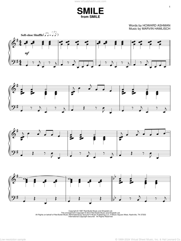 Smile sheet music for piano solo by Marvin Hamlisch, classical score, intermediate skill level