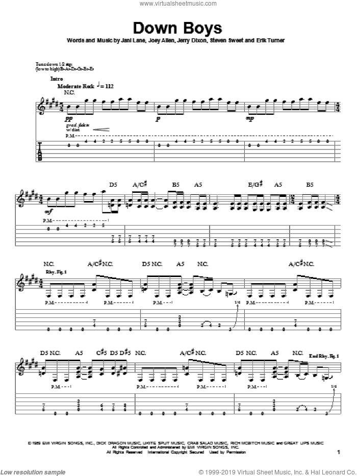 Down Boys sheet music for guitar (tablature, play-along) by Warrant, Erik Turner, Jani Lane, Jerry Dixon, Joey Allen and Steven Sweet, intermediate skill level