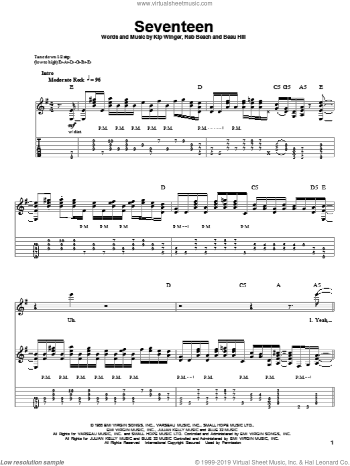 Seventeen sheet music for guitar (tablature, play-along) by Winger, Beau Hill, Kip Winger and Reb Beach, intermediate skill level