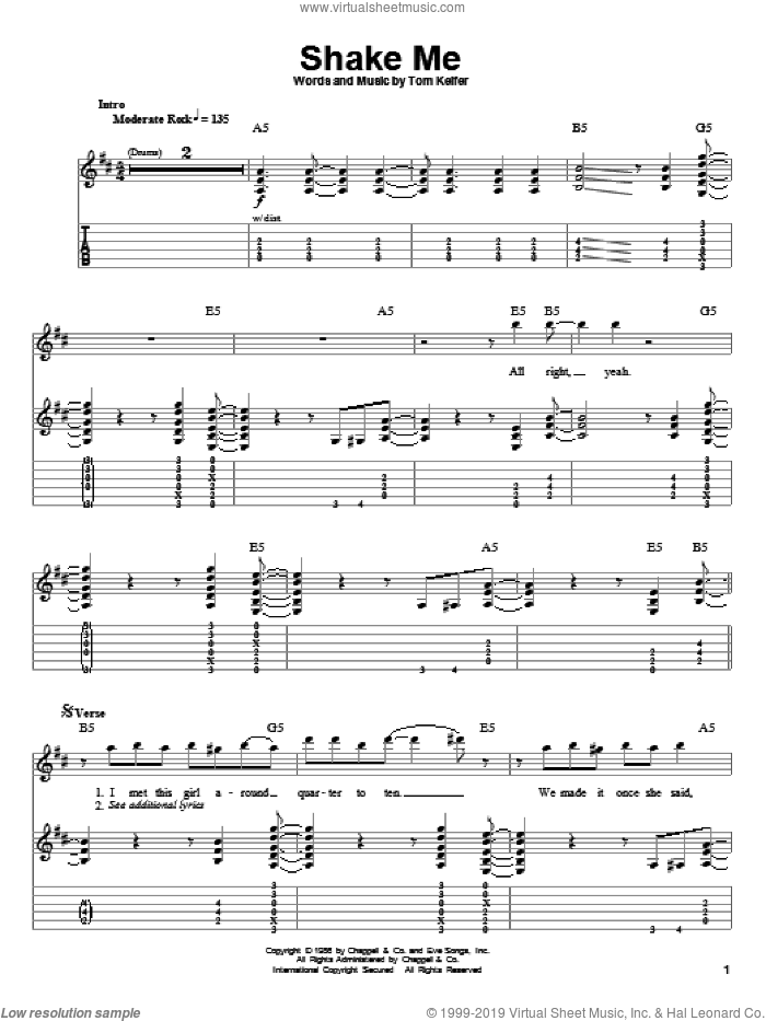 Shake Me sheet music for guitar (tablature, play-along) by Cinderella and Tom Keifer, intermediate skill level