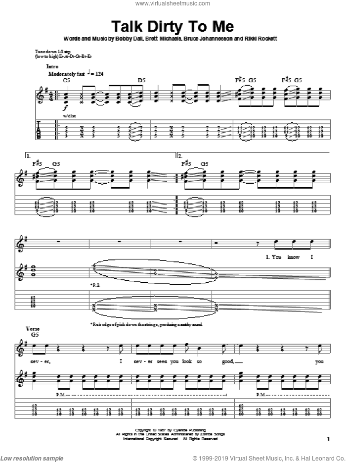 Talk Dirty To Me sheet music for guitar (tablature, play-along) by Poison, Bobby Dall, Brett Michaels, Bruce Anthony Johannesson and Rikki Rockett, intermediate skill level