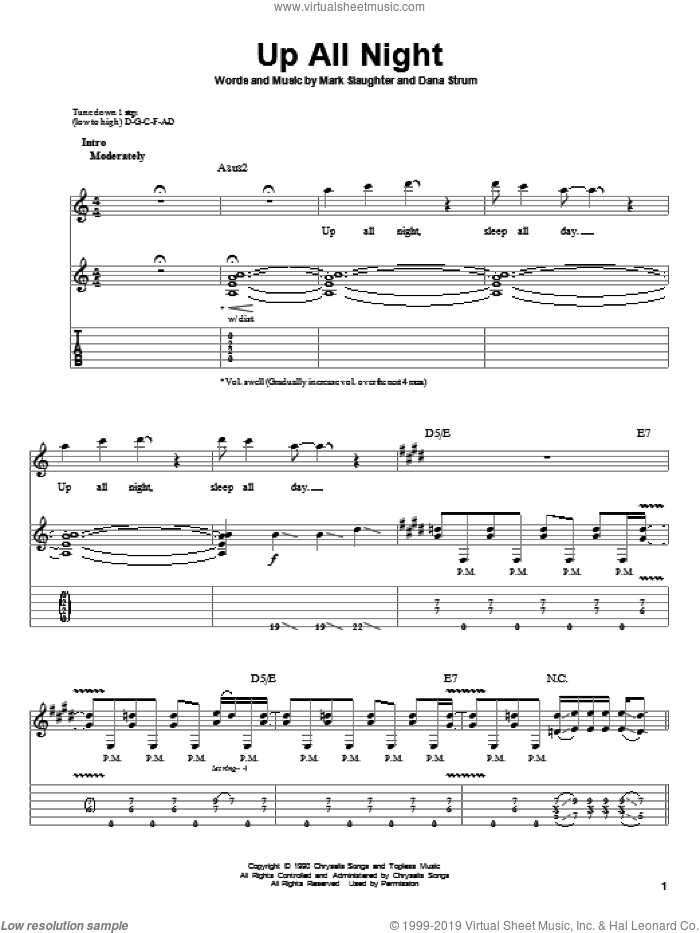Up All Night sheet music for guitar (tablature, play-along) by Slaughter, Dana Strum and Mark Slaughter, intermediate skill level