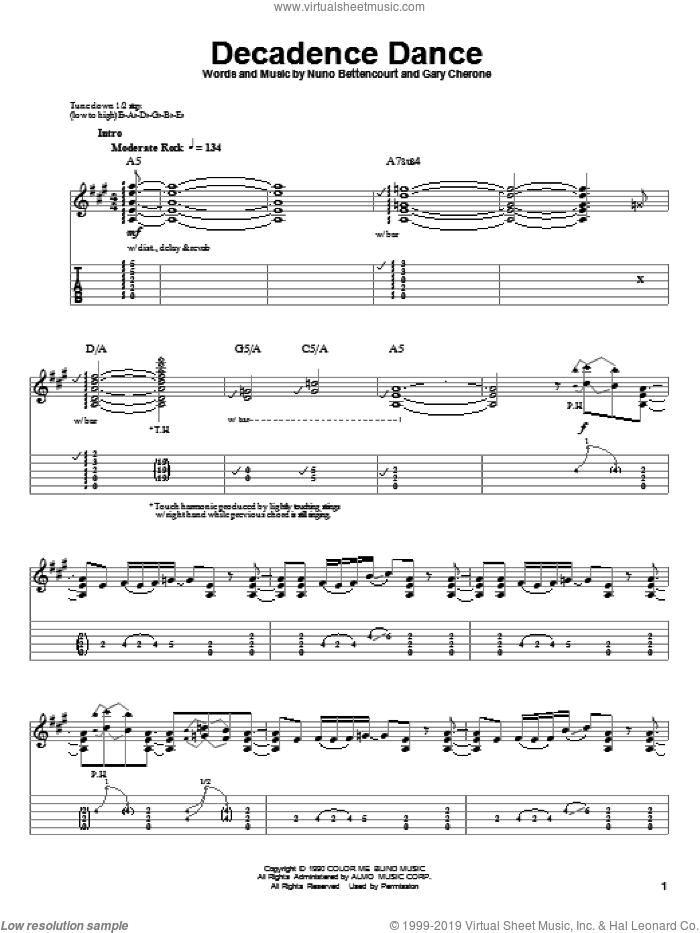 Decadence Dance sheet music for guitar (tablature, play-along) by Extreme, Gary Cherone and Nuno Bettencourt, intermediate skill level