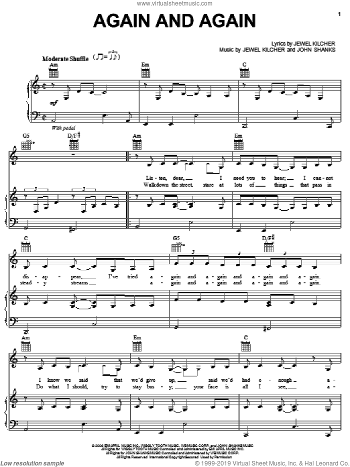 Again And Again sheet music for voice, piano or guitar by Jewel, Jewel Kilcher and John Shanks, intermediate skill level