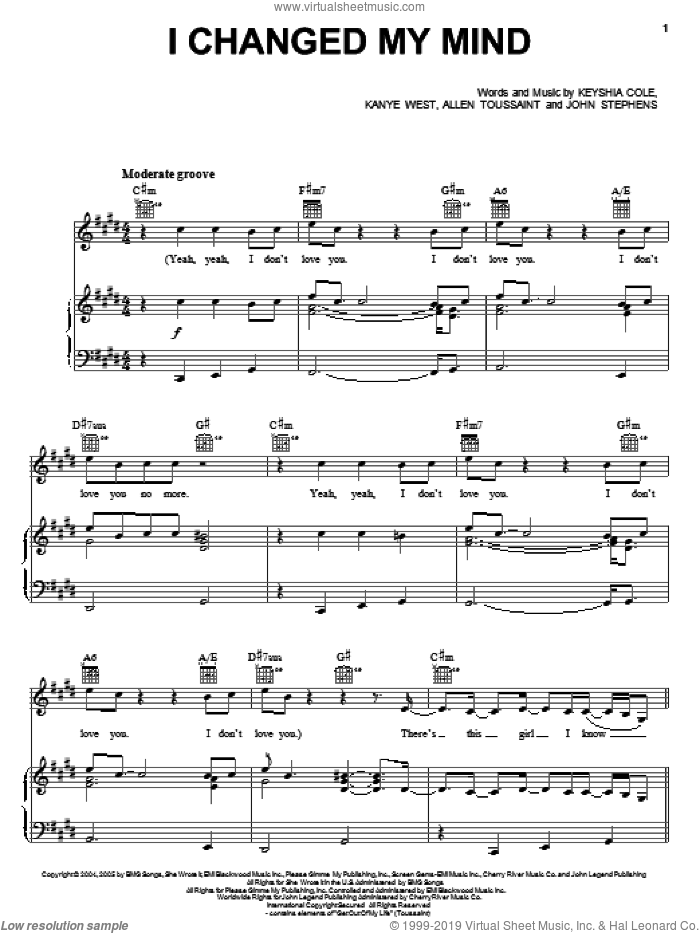 I Changed My Mind sheet music for voice, piano or guitar by Keyshia Cole, Allen Toussaint, John Stephens and Kanye West, intermediate skill level