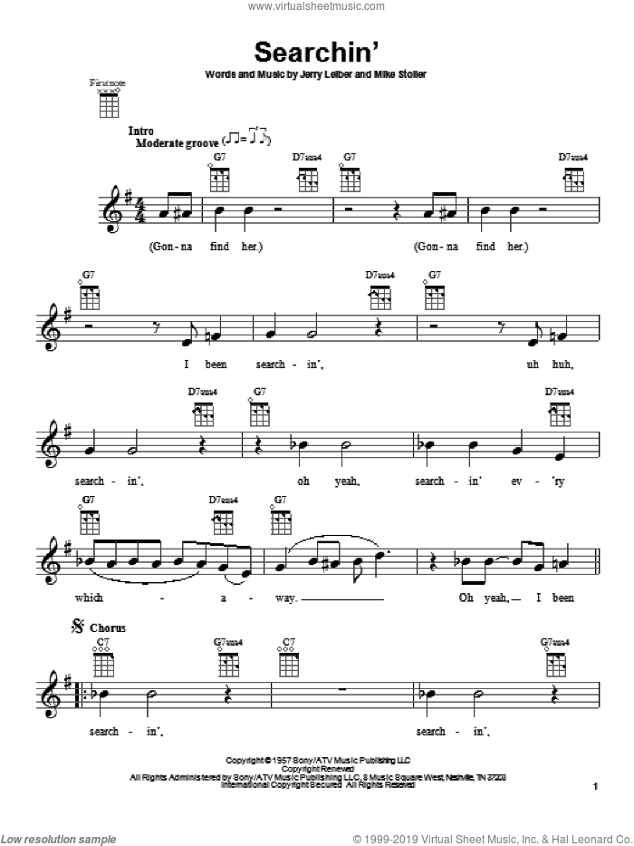 Searchin' sheet music for ukulele by The Coasters and The Beatles, intermediate skill level