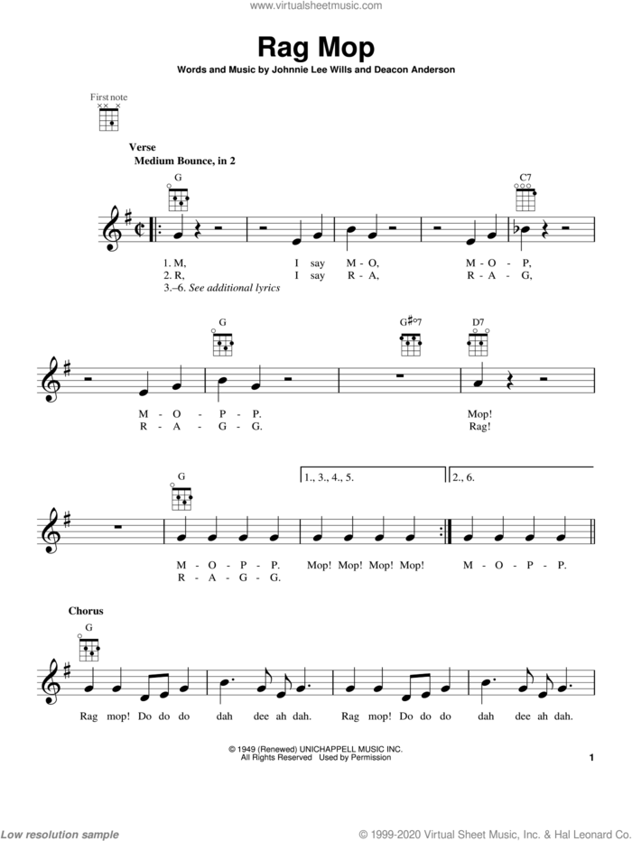 Rag Mop sheet music for ukulele by Deacon Anderson and Johnnie Lee Wills, intermediate skill level