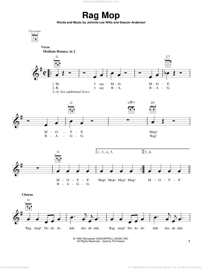 Rag Mop sheet music for ukulele by Deacon Anderson and Johnnie Lee Wills, intermediate skill level