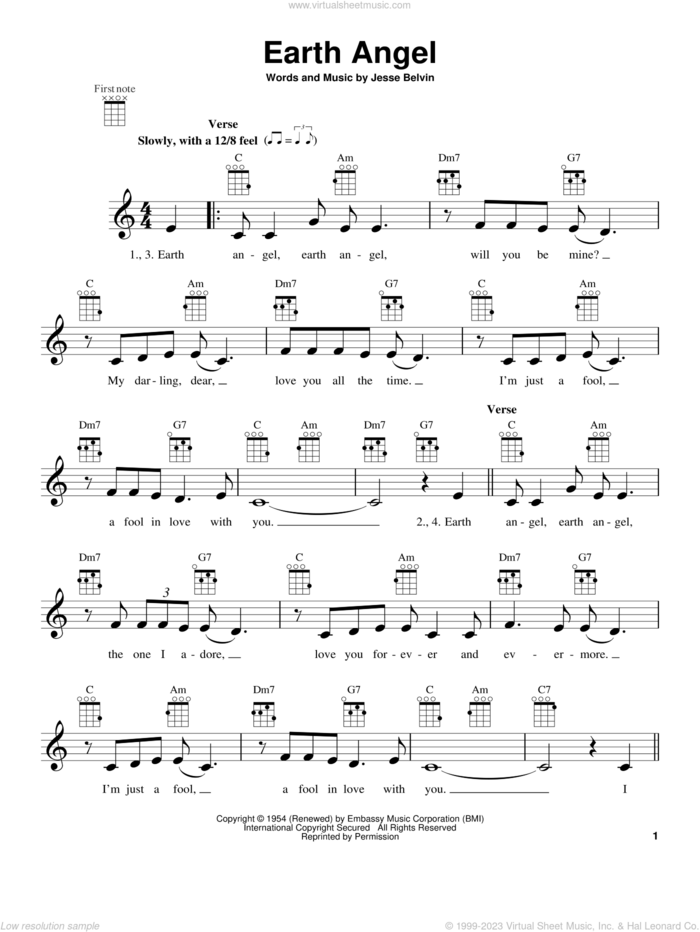 Earth Angel sheet music for ukulele by The Penguins and Crew-Cuts, intermediate skill level