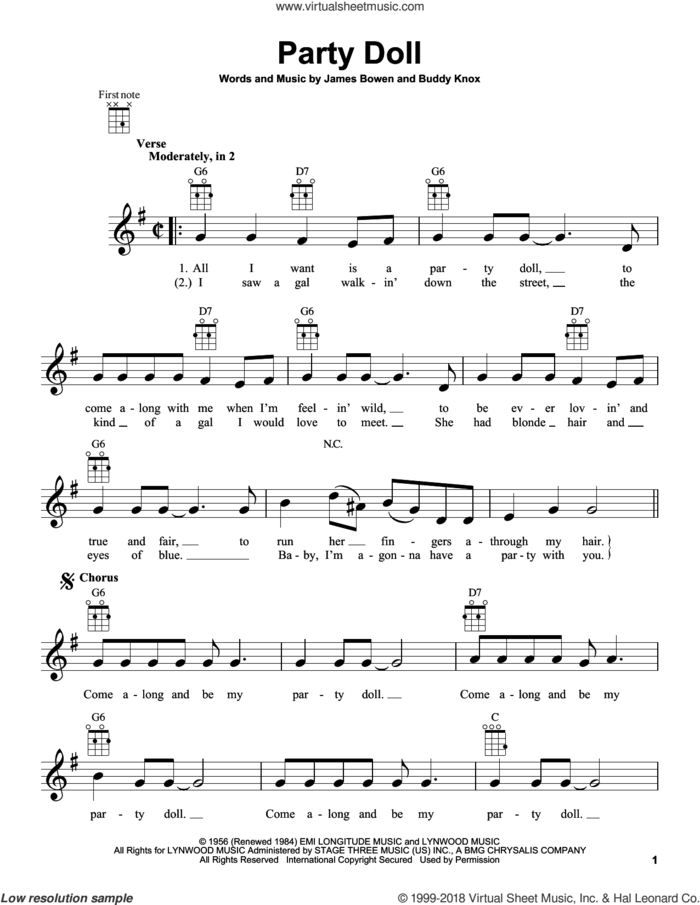 Party Doll sheet music for ukulele by Buddy Knox and James Bowen, intermediate skill level