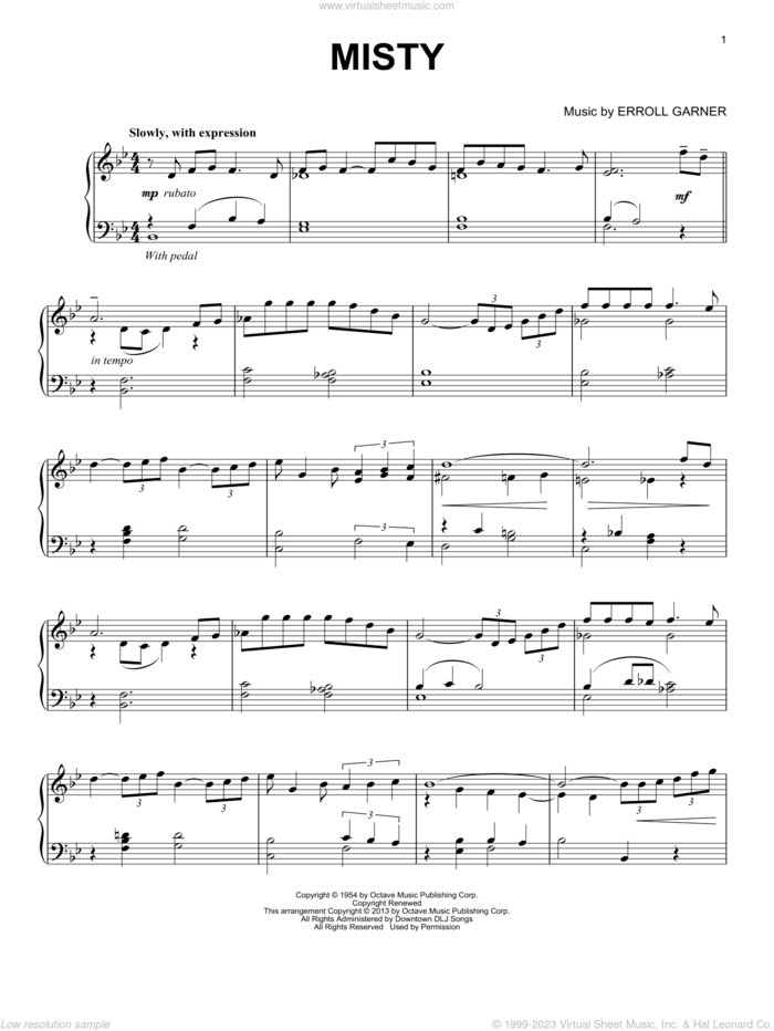 Misty, (intermediate) sheet music for piano solo by Johnny Mathis, intermediate skill level