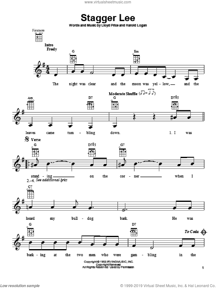 Stagger Lee sheet music for ukulele by Lloyd Price and Harold Logan, intermediate skill level