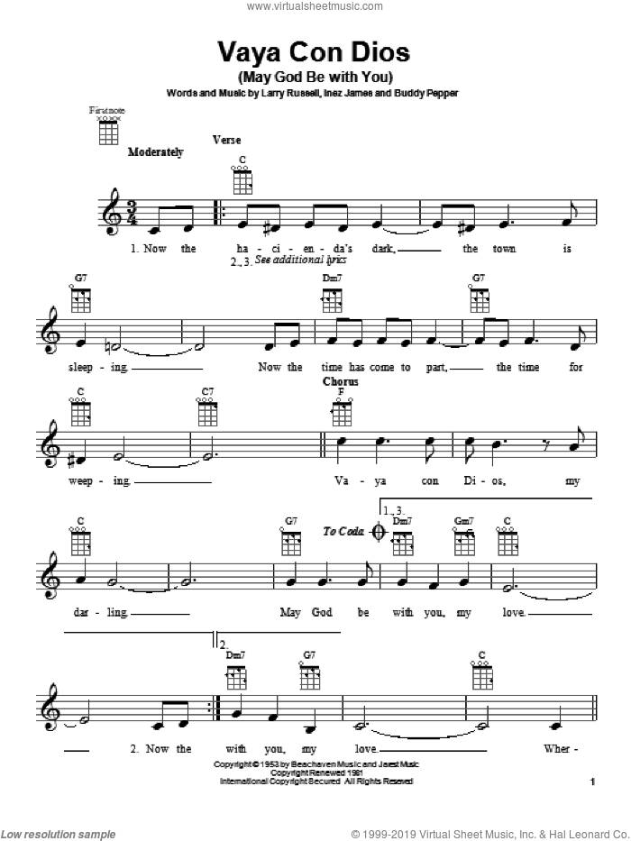 Vaya Con Dios (May God Be With You) sheet music for ukulele by Freddy Fender and Les Paul & Mary Ford, intermediate skill level