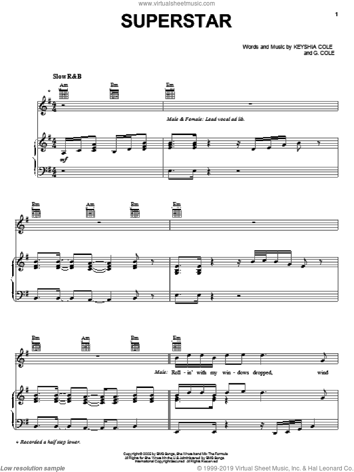 Superstar sheet music for voice, piano or guitar by Keyshia Cole and G. Cole, intermediate skill level