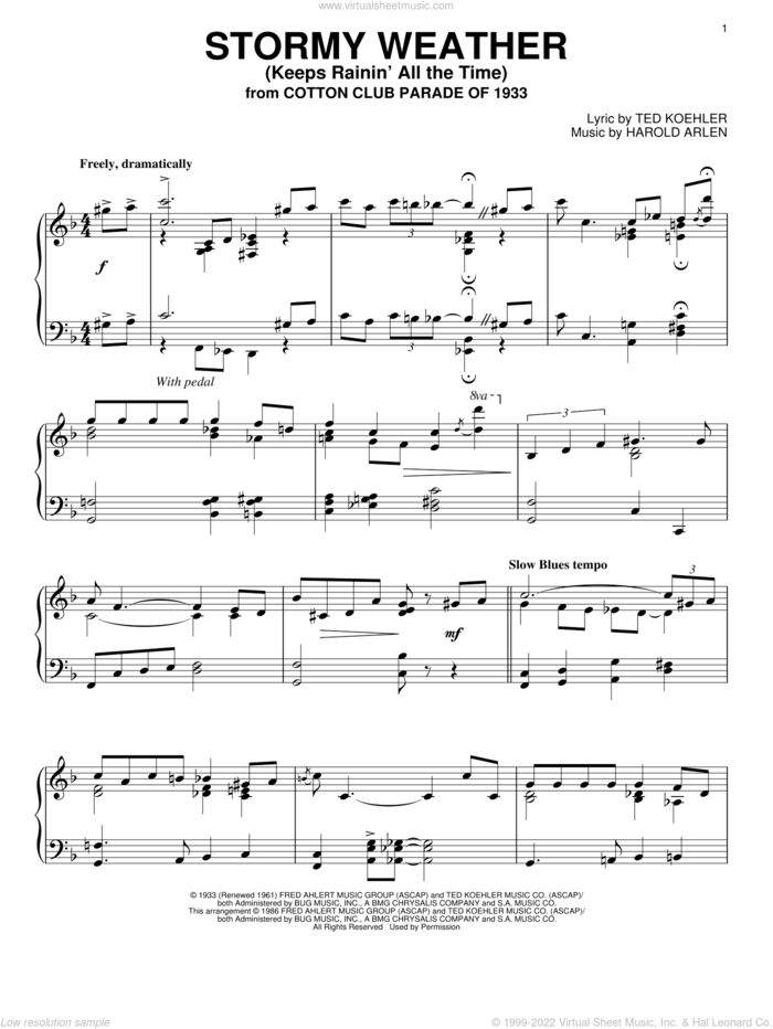 Stormy Weather (Keeps Rainin' All The Time) sheet music for piano solo by Harold Arlen and Ted Koehler, intermediate skill level