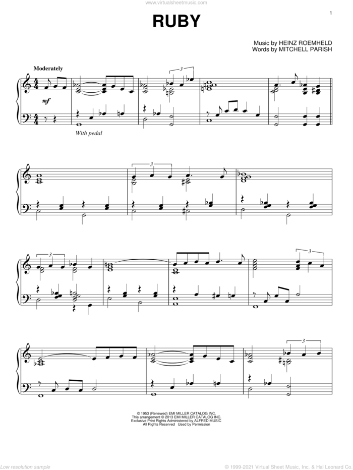 Ruby sheet music for piano solo by Heinz Roemheld and Mitchell Parish, intermediate skill level