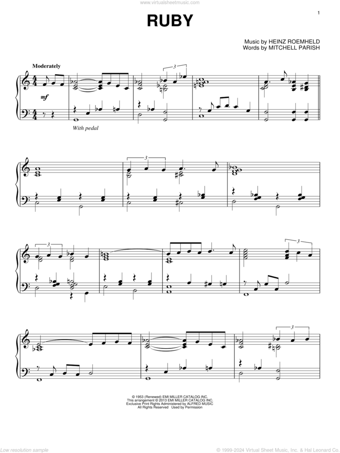 Ruby sheet music for piano solo by Heinz Roemheld and Mitchell Parish, intermediate skill level