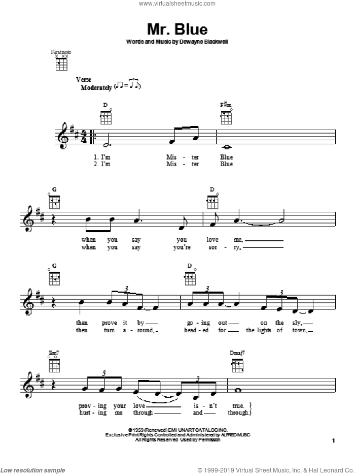 Mr. Blue sheet music for ukulele by Garth Brooks and DeWayne Blackwell, intermediate skill level