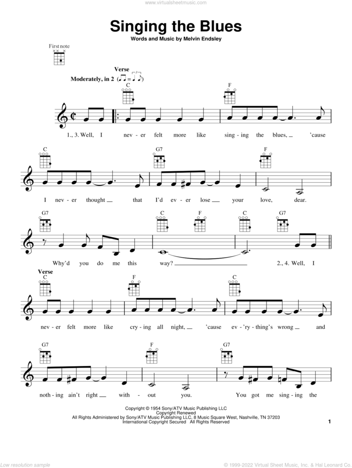 Singing The Blues sheet music for ukulele by Marty Robbins, Guy Mitchell and Melvin Endsley, intermediate skill level