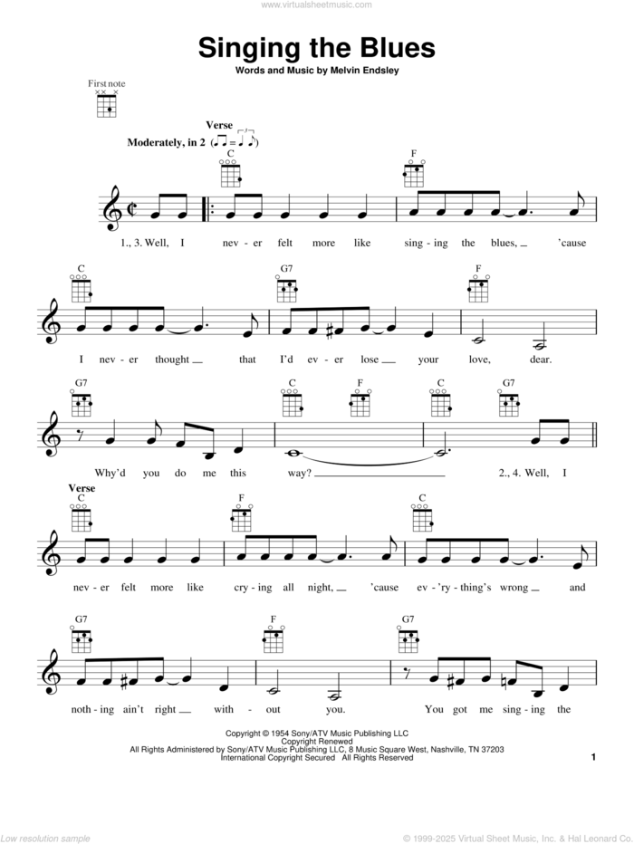 Singing The Blues sheet music for ukulele by Marty Robbins, Guy Mitchell and Melvin Endsley, intermediate skill level