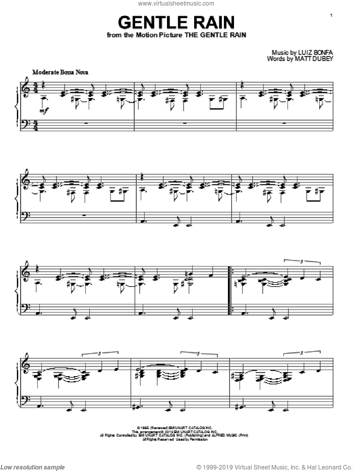 Gentle Rain, (intermediate) sheet music for piano solo by Matt Dubey and Luiz Bonfa, intermediate skill level