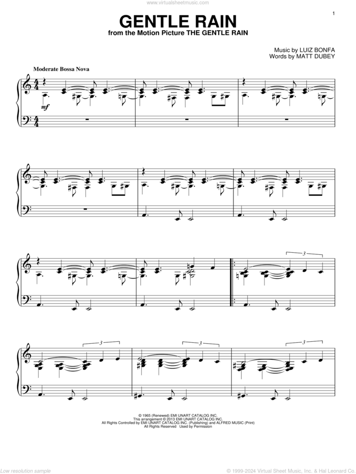 Gentle Rain, (intermediate) sheet music for piano solo by Matt Dubey and Luiz Bonfa, intermediate skill level