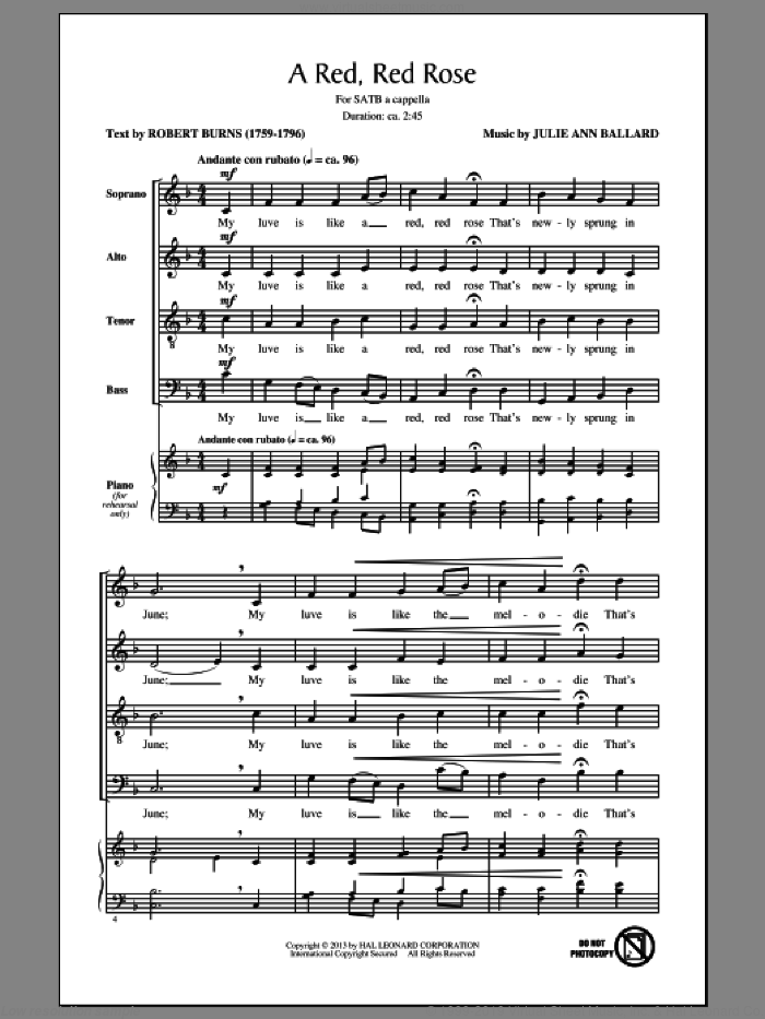 A Red, Red Rose sheet music for choir (SATB: soprano, alto, tenor, bass) by Julie Ann Ballard, intermediate skill level