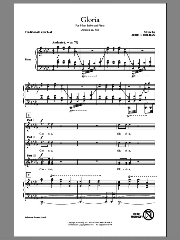 Gloria sheet music for choir (3-Part Treble) by Jude Roldan, intermediate skill level