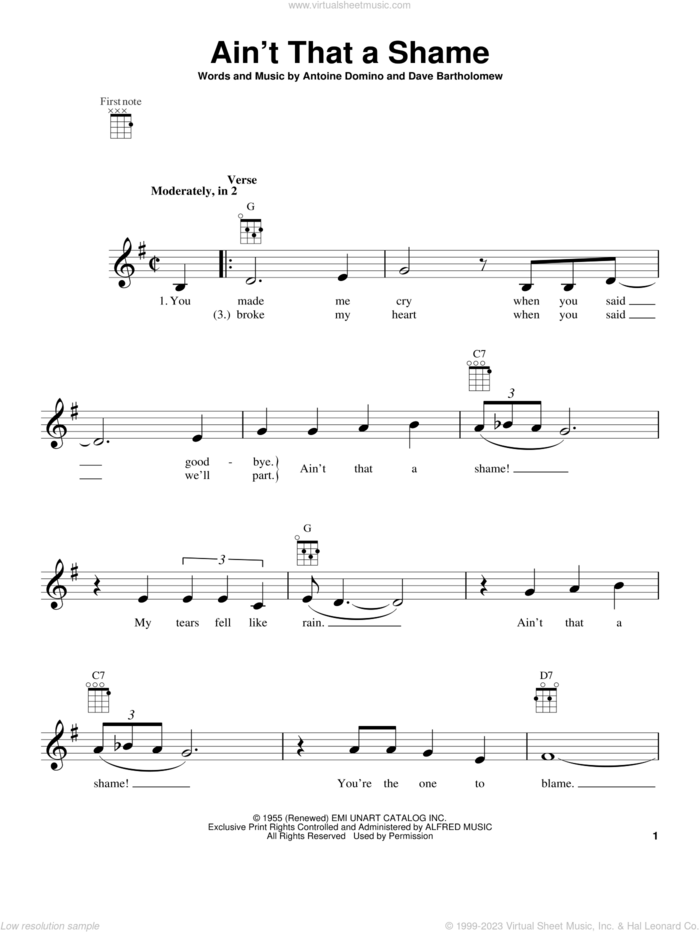 Ain't That A Shame sheet music for ukulele by Fats Domino, intermediate skill level