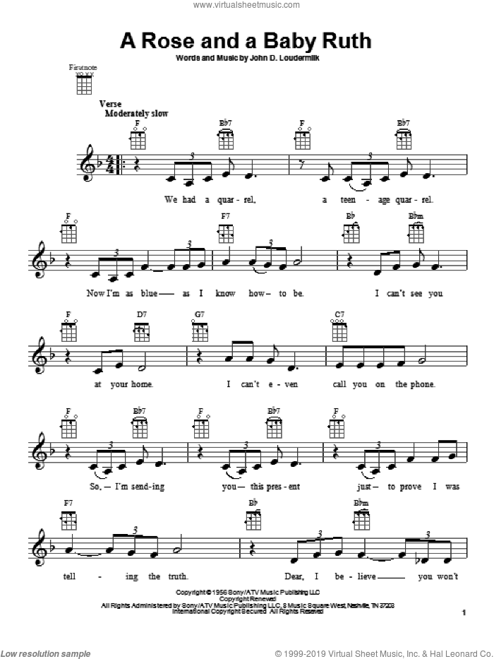A Rose And A Baby Ruth sheet music for ukulele by George Hamilton IV and John D. Loudermilk, intermediate skill level