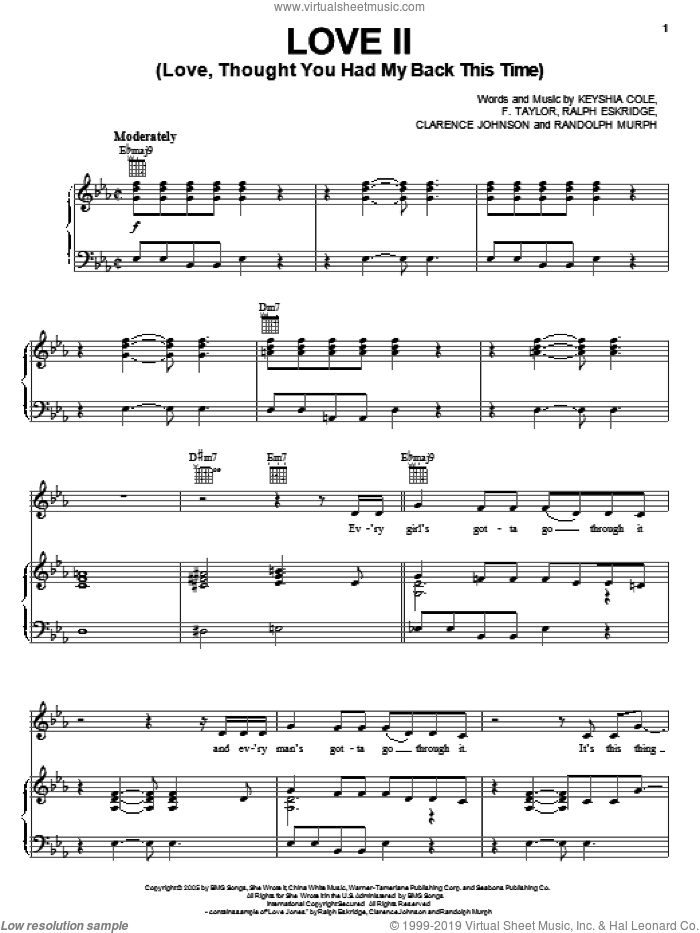 Love II (Love, Thought You Had My Back This Time) sheet music for voice, piano or guitar by Keyshia Cole, Clarence Johnson, F. Taylor, Ralph Eskridge and Randolph Murph, intermediate skill level