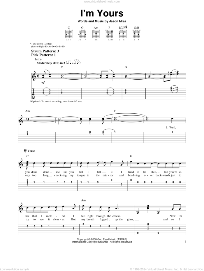 I'm Yours sheet music for guitar solo (easy tablature) by Jason Mraz, easy guitar (easy tablature)