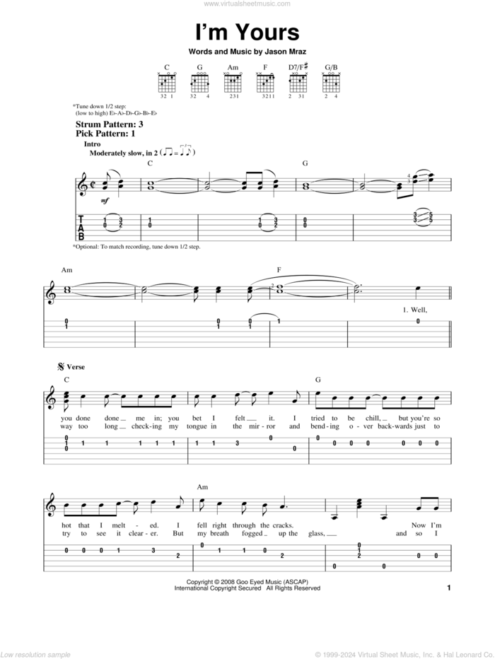 I'm Yours sheet music for guitar solo (easy tablature) by Jason Mraz, wedding score, easy guitar (easy tablature)