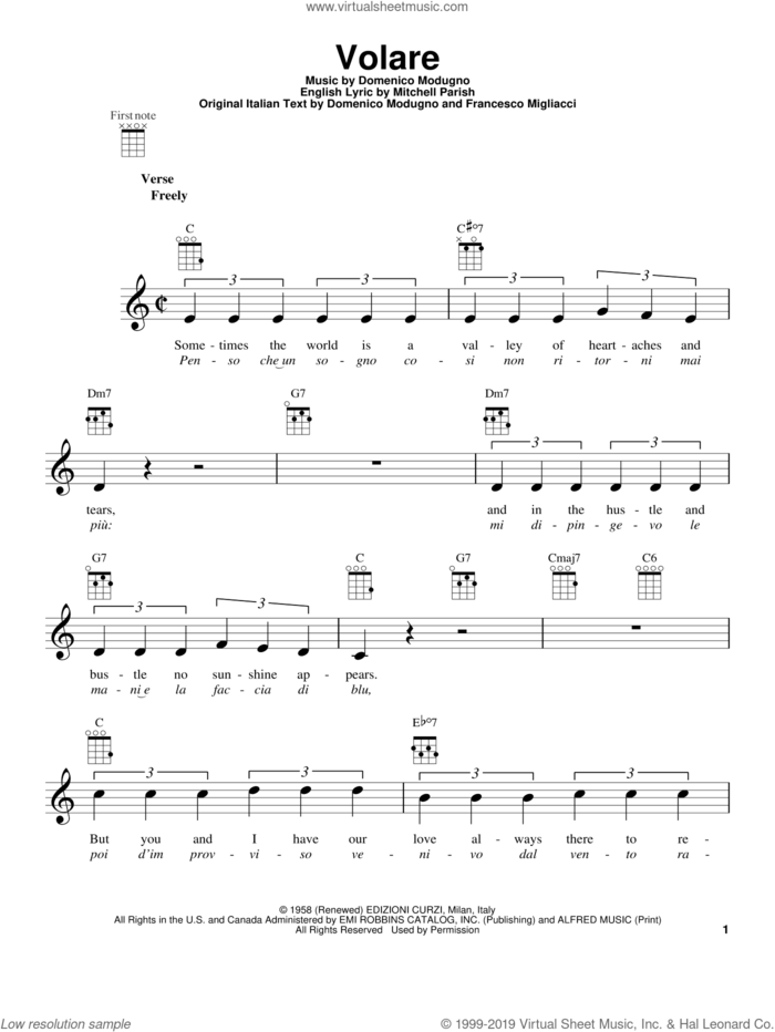 Volare sheet music for ukulele by Dean Martin, Bobby Rydell and Domenico Modugno, intermediate skill level