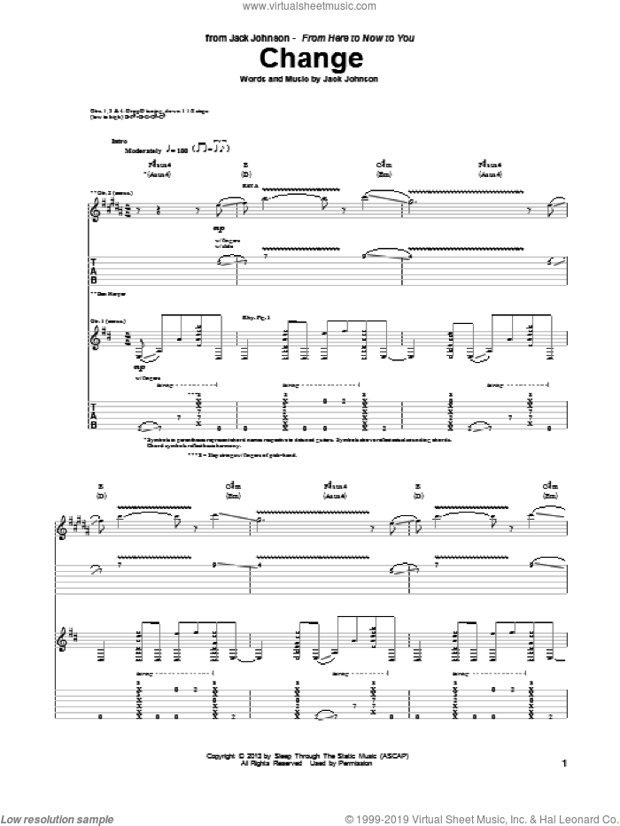 Change sheet music for guitar (tablature) by Jack Johnson, intermediate skill level